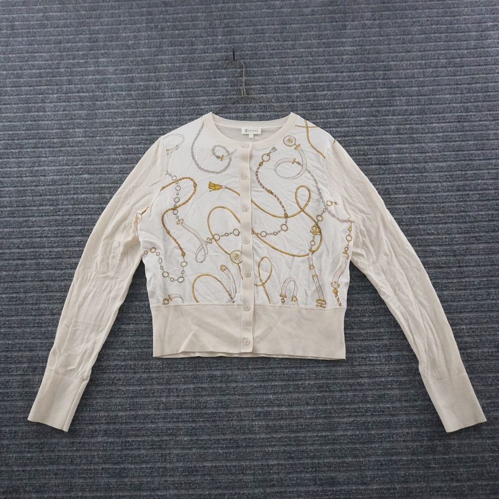 LilySilk Cardigan Sweater Women L Cream Silk Wool Mixed Media Chain Print